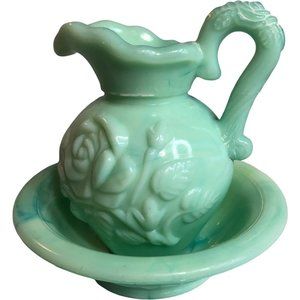 Avon 1970 jade teal green milk swirl glass small pitcher and wash basin bowl.